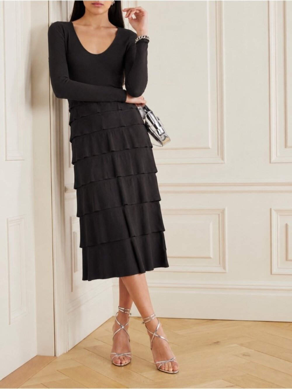 Jean Paul vintage Black Knit Scoop Longsleeve Ruffle Tier Midi Dress chic S 6
